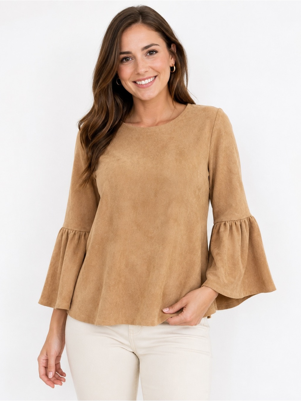 B.Original Shoe Fly Camel Faux Suede Bell Sleeve Top Size Medium